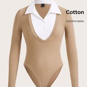 SHEIN Tan Ribbed Bodysuit with White Collar